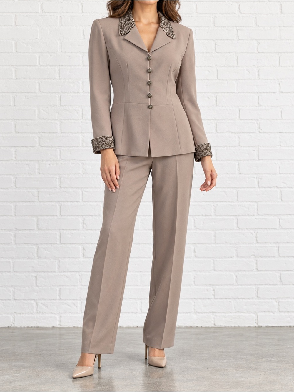 Vintage Y2K Kasper A.S.L. Taupe Beaded Pantsuit Size 10 Embellished Suit